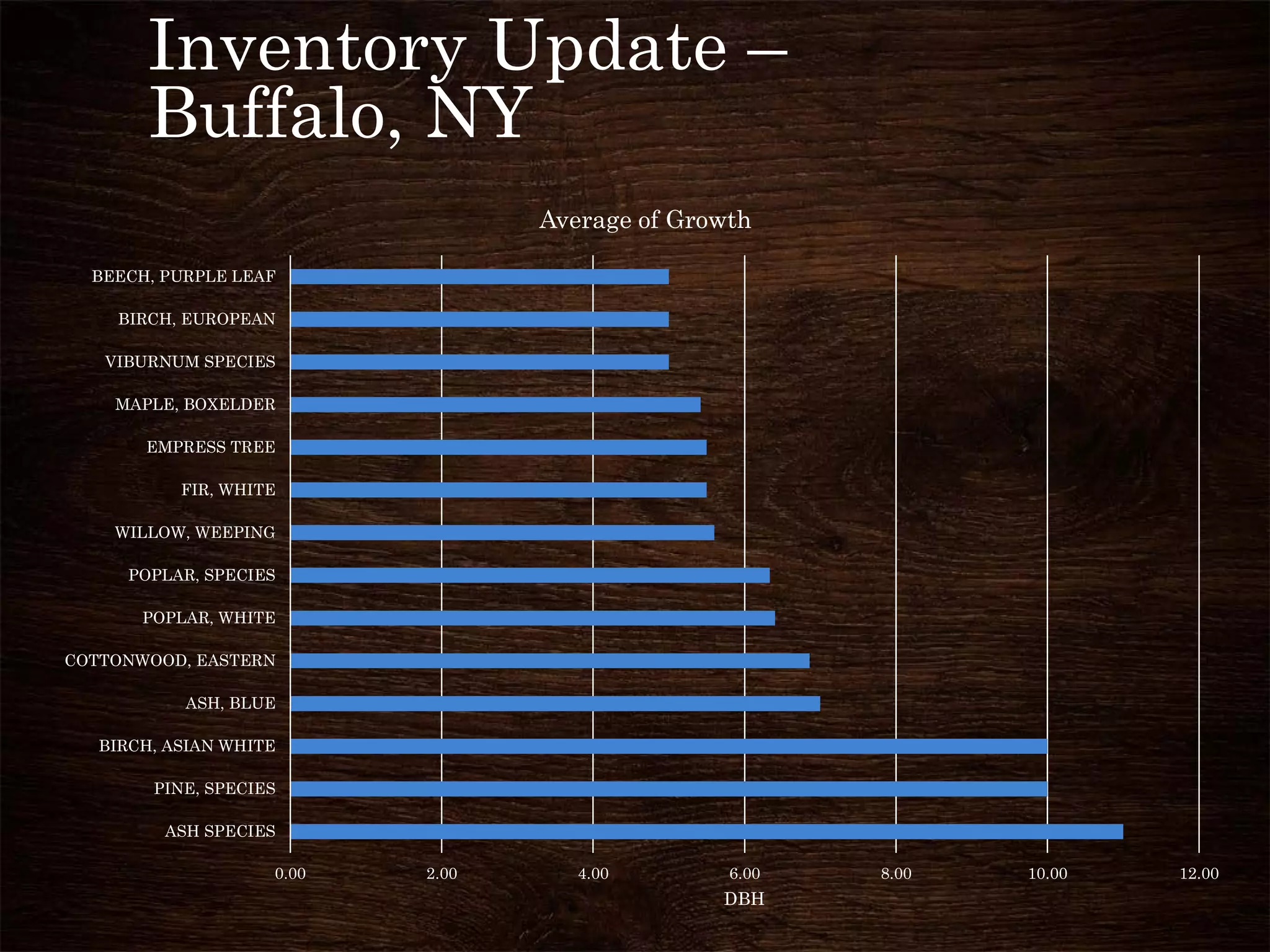 Inventory Update –
Buffalo, NY
0.00 2.00 4.00 6.00 8.00 10.00 12.00
ASH SPECIES
PINE, SPECIES
BIRCH, ASIAN WHITE
ASH, BLUE
COTTONWOOD, EASTERN
POPLAR, WHITE
POPLAR, SPECIES
WILLOW, WEEPING
FIR, WHITE
EMPRESS TREE
MAPLE, BOXELDER
VIBURNUM SPECIES
BIRCH, EUROPEAN
BEECH, PURPLE LEAF
DBH
Average of Growth
 