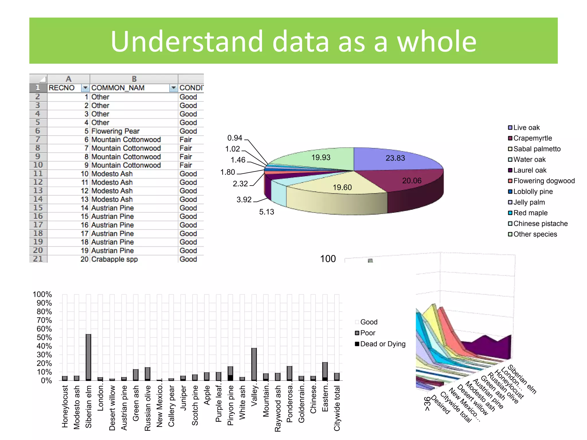 Understand data as a whole
23.83
20.06
19.60
5.13
3.92
2.32
1.80
1.46
1.02
0.94
19.93
Live oak
Crapemyrtle
Sabal palmetto
Water oak
Laurel oak
Flowering dogwood
Loblolly pine
Jelly palm
Red maple
Chinese pistache
Other species
0
20
40
60
80
100
0-6
6-12
12-18
18-24
24-30
30-36
>36
(%)
DBH Class
0%
10%
20%
30%
40%
50%
60%
70%
80%
90%
100%
Honeylocust
Modestoash
Siberianelm
London…
Desertwillow
Austrianpine
Greenash
Russianolive
NewMexico…
Callerypear
Juniper
Scotchpine
Apple
Purpleleaf…
Pinyonpine
Whiteash
Valley…
Mountain…
Raywoodash
Ponderosa…
Goldenrain…
Chinese…
Eastern…
Citywidetotal
Good
Poor
Dead or Dying
 