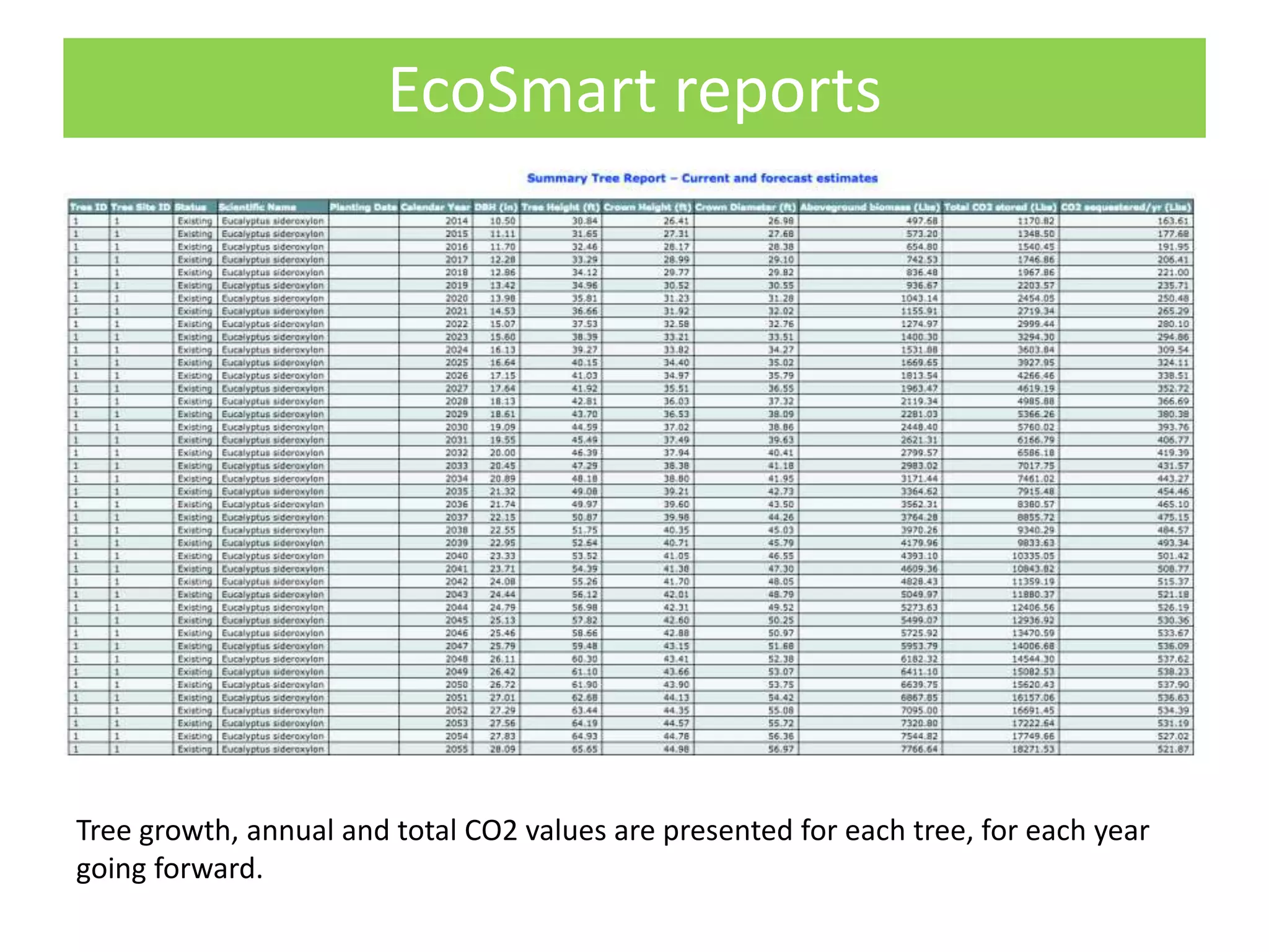 EcoSmart reports
Tree growth, annual and total CO2 values are presented for each tree, for each year
going forward.
 