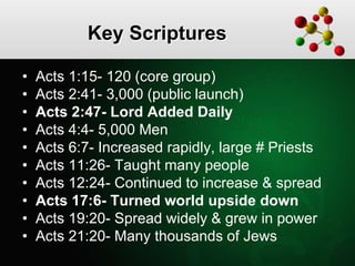 Key Scriptures
• Acts 1:15- 120 (core group)
• Acts 2:41- 3,000 (public launch)
• Acts 2:47- Lord Added Daily
• Acts 4:4- 5,000 Men
• Acts 6:7- Increased rapidly, large # Priests
• Acts 11:26- Taught many people
• Acts 12:24- Continued to increase & spread
• Acts 17:6- Turned world upside down
• Acts 19:20- Spread widely & grew in power
• Acts 21:20- Many thousands of Jews
 