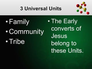 3 Universal Units
• Family
• Community
• Tribe
• The Early
converts of
Jesus
belong to
these Units.
 