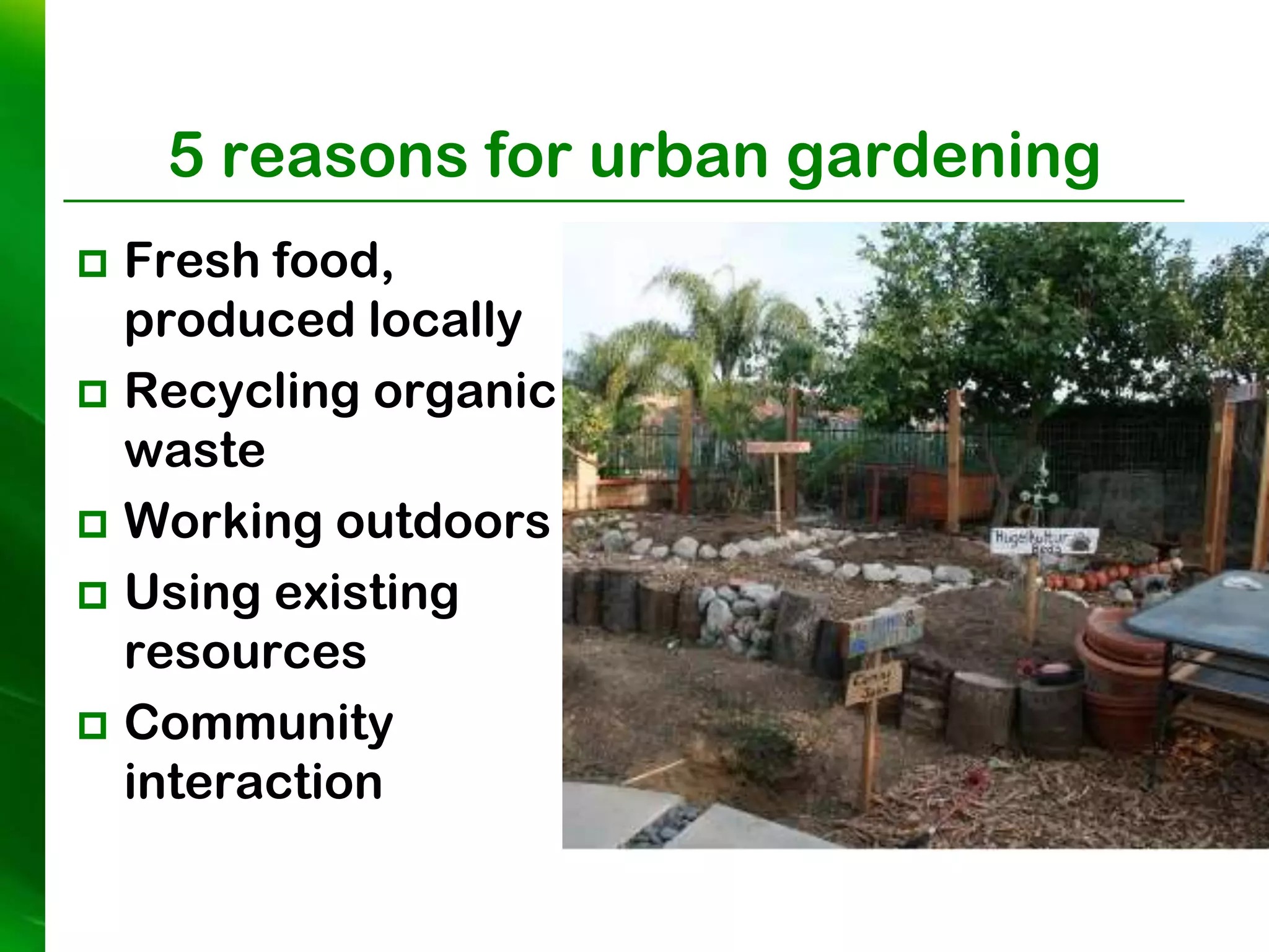 5 reasons for urban gardening
 Fresh food,
  produced locally
 Recycling organic
  waste
 Working outdoors
 Using existing
  resources
 Community
  interaction
 