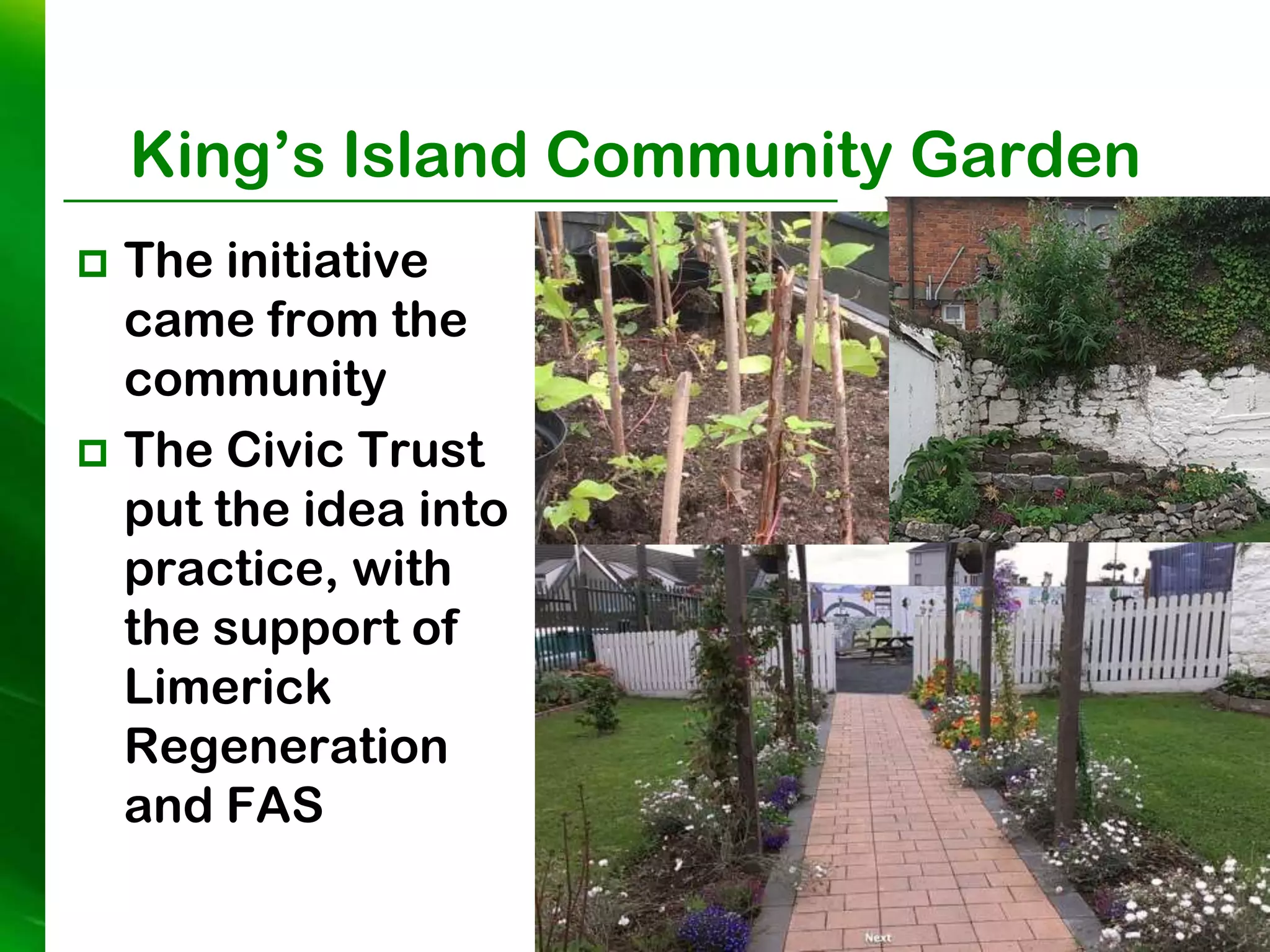 King’s Island Community Garden
 The initiative
  came from the
  community
 The Civic Trust
  put the idea into
  practice, with
  the support of
  Limerick
  Regeneration
  and FAS
 