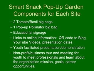 Smart Snack Pop-Up Garden
 Components for Each Site
– 2 Tomato/Basil big bags
– 1 Pop-up Pollinator big bag
– Educational signage
– Links to online information: QR code to Blog,
  YouTube Videos, presentation dates.
– Youth facilitated presentation/demonstration
– Non-profit/business tour and meeting for
  youth to meet professionals and learn about
  the organization mission, goals, career
  opportunities.
 
