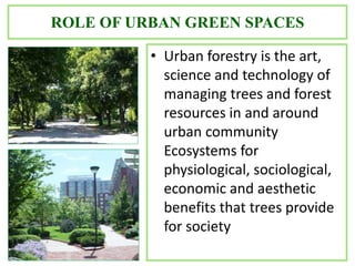 ROLE OF URBAN GREEN SPACES
• Urban forestry is the art,
science and technology of
managing trees and forest
resources in and around
urban community
Ecosystems for
physiological, sociological,
economic and aesthetic
benefits that trees provide
for society
 