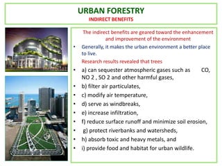URBAN FORESTRY
INDIRECT BENEFITS
The indirect benefits are geared toward the enhancement
and improvement of the environment
• Generally, it makes the urban environment a better place
to live.
Research results revealed that trees
• a) can sequester atmospheric gases such as CO,
NO 2 , SO 2 and other harmful gases,
• b) filter air particulates,
• c) modify air temperature,
• d) serve as windbreaks,
• e) increase infiltration,
• f) reduce surface runoff and minimize soil erosion,
• g) protect riverbanks and watersheds,
• h) absorb toxic and heavy metals, and
• i) provide food and habitat for urban wildlife.
 