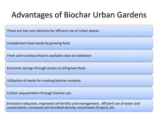Advantages of Biochar Urban Gardens
These are low cost solutions for efficient use of urban spaces.
Complement food needs by growing food.
Fresh and nutritious food is available close to habitation
Economic savings through access to self grown food
Utilization of waste for creating biochar compost.
Carbon sequestration through biochar use.
Emissions reduction, improved soil fertility and management, efficient use of water and
conservation, increased soil microbial density, micorhazea (fungus), etc.
 