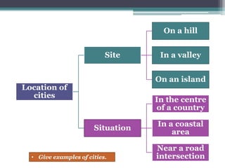 Location of 
cities 
Site 
On a hill 
In a valley 
On an island 
Situation 
In the centre 
of a country 
In a coastal 
area 
Near a road 
• Give examples of cities. intersection 
 