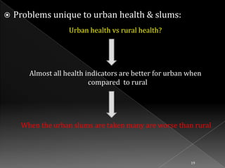 

Problems unique to urban health & slums:
Urban health vs rural health?

Almost all health indicators are better for urban when
compared to rural

When the urban slums are taken many are worse than rural

19

 