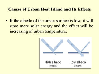 Causes of Urban Heat Island and Its Effects
• If the albedo of the urban surface is low, it will
store more solar energy a...