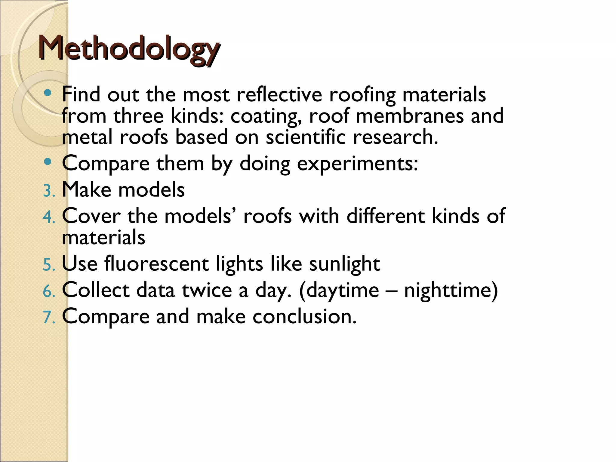 Methodology Find out the most reflective roofing materials from three kinds: coating, roof membranes and metal roofs based on scientific research. Compare them by doing experiments: Make models Cover the models’ roofs with different kinds of materials Use fluorescent lights like sunlight Collect data twice a day. (daytime – nighttime) Compare and make conclusion. 
