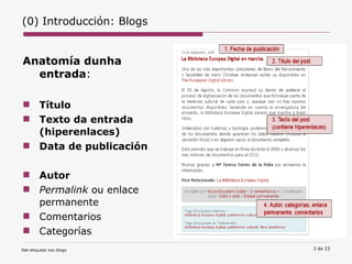 (0) Introducción: Blogs  Anatomía dunha entrada : Título Texto da entrada (hiperenlaces) Data de publicación Autor Permalink  ou enlace permanente Comentarios Categorías 