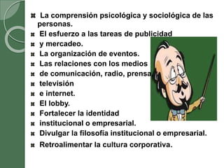 La comprensión psicológica y sociológica de las
personas.
El esfuerzo a las tareas de publicidad
y mercadeo.
La organización de eventos.
Las relaciones con los medios
de comunicación, radio, prensa,
televisión
e internet.
El lobby.
Fortalecer la identidad
institucional o empresarial.
Divulgar la filosofía institucional o empresarial.
Retroalimentar la cultura corporativa.
 