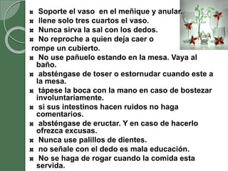 Soporte el vaso en el meñique y anular.
llene solo tres cuartos el vaso.
Nunca sirva la sal con los dedos.
No reproche a quien deja caer o
rompe un cubierto.
No use pañuelo estando en la mesa. Vaya al
baño.
absténgase de toser o estornudar cuando este a
la mesa.
tápese la boca con la mano en caso de bostezar
involuntariamente.
si sus intestinos hacen ruidos no haga
comentarios.
absténgase de eructar. Y en caso de hacerlo
ofrezca excusas.
Nunca use palillos de dientes.
no señale con el dedo es mala educación.
No se haga de rogar cuando la comida esta
servida.
 