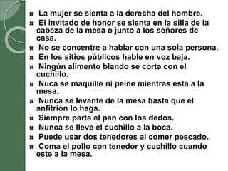 La mujer se sienta a la derecha del hombre.
El invitado de honor se sienta en la silla de la
cabeza de la mesa o junto a los señores de
casa.
No se concentre a hablar con una sola persona.
En los sitios públicos hable en voz baja.
Ningún alimento blando se corta con el
cuchillo.
Nuca se maquille ni peine mientras esta a la
mesa.
Nunca se levante de la mesa hasta que el
anfitrión lo haga.
Siempre parta el pan con los dedos.
Nunca se lleve el cuchillo a la boca.
Puede usar dos tenedores al comer pescado.
Coma el pollo con tenedor y cuchillo cuando
este a la mesa.
 