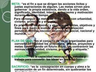 META: “es el fin a que se dirigen las acciones licitas y
justas aspiraciones de alguien. Las metas sirven para
gobernar la propia existencia, dando a la vida orden,
significado, identidad, interés, entusiasmo y motivación
durante un largo tiempo.
Para conseguir las metas se debe obrar con urbanidad,
civismo, protocolo y etiqueta.
Es primordial determinar y alcanzar las metas, objetivos y
fines para medir o evaluar el grado de realización
personal, familiar, escolar, empresarial, social, nacional y
mundial.
PLAN DE VIDA: “es el conjunto de ideas organizadas para
convertir en realidad los propósitos, planes, proyectos y
metas construyendo un futuro mejor, sin contravenir las
normas de urbanidad, civismo, protocolo y etiqueta.”
ESFUERZO: “es la capacidad necesaria de estudio y
trabajo para convertir las ideas en realidad.”
SACRIFICIO: “es la consagración en cuerpo y alma a la
consecución de un fin determinado, sin quebrantar los
 