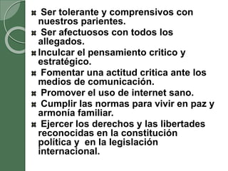 Ser tolerante y comprensivos con
nuestros parientes.
Ser afectuosos con todos los
allegados.
Inculcar el pensamiento critico y
estratégico.
Fomentar una actitud critica ante los
medios de comunicación.
Promover el uso de internet sano.
Cumplir las normas para vivir en paz y
armonía familiar.
Ejercer los derechos y las libertades
reconocidas en la constitución
política y en la legislación
internacional.
 