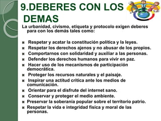9.DEBERES CON LOS
DEMAS
La urbanidad, civismo, etiqueta y protocolo exigen deberes
para con los demás tales como:
Respetar y acatar la constitución política y la leyes.
Respetar los derechos ajenos y no abusar de los propios.
Comportarnos con solidaridad y auxiliar a las personas.
Defender los derechos humanos para vivir en paz.
Hacer uso de los mecanismos de participación
democrática.
Proteger los recursos naturales y el paisaje.
Inspirar una actitud critica ante los medios de
comunicación.
Orientar para el disfrute del internet sano.
Conservar y proteger el medio ambiente.
Preservar la soberanía popular sobre el territorio patrio.
Respetar la vida e integridad física y moral de las
personas.
 