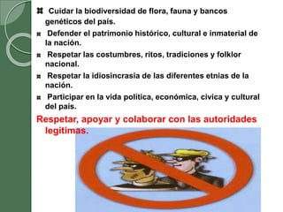 Cuidar la biodiversidad de flora, fauna y bancos
genéticos del país.
Defender el patrimonio histórico, cultural e inmaterial de
la nación.
Respetar las costumbres, ritos, tradiciones y folklor
nacional.
Respetar la idiosincrasia de las diferentes etnias de la
nación.
Participar en la vida política, económica, cívica y cultural
del país.
Respetar, apoyar y colaborar con las autoridades
legitimas.
 