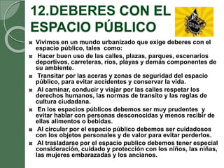 12.DEBERES CON EL
ESPACIO PÚBLICO
Vivimos en un mundo urbanizado que exige deberes con el
espacio público, tales como:
Hacer buen uso de las calles, plazas, parques, escenarios
deportivos, carreteras, ríos, playas y demás componentes de
su ambiente.
Transitar por las aceras y zonas de seguridad del espacio
público, para evitar accidentes y conservar la vida.
Al caminar, conducir y viajar por las calles respetar los
derechos humanos, las normas de transito y las reglas de
cultura ciudadana.
En los espacios públicos debemos ser muy prudentes y
evitar hablar con personas desconocidas y menos recibir de
ellas alimentos o bebidas.
Al circular por el espacio público debemos ser cuidadosos
con los objetos personales y de valor para evitar perderlos.
Al trasladarse por el espacio publico debemos tener especial
consideración, cuidado y protección con los niños, las niñas,
las mujeres embarazadas y los ancianos.
 