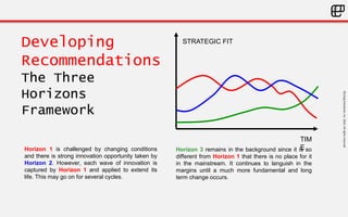 ©LivingEnterprise,Inc.2014.Allrightsreserved
Developing
Recommendations
The Three
Horizons
Framework
STRATEGIC FIT
TIM
EHorizon 1 is challenged by changing conditions
and there is strong innovation opportunity taken by
Horizon 2. However, each wave of innovation is
captured by Horizon 1 and applied to extend its
life. This may go on for several cycles.
Horizon 3 remains in the background since it is so
different from Horizon 1 that there is no place for it
in the mainstream. It continues to languish in the
margins until a much more fundamental and long
term change occurs.
 