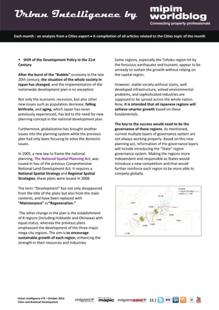 Urban Intelligence 8- October 2012- Cities Urbanisation and National Urban Policy