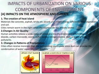 [A] IMPACTS ON THE ATMOSPHERE AND CLIMATE 
1. The creation of heat island 
Materials like concrete, asphalt, bricks etc absorb and reflect energy differently than vegetation 
and soil. 
Cities remain warm in the night when the countryside has already cooled. 
2.Changes in Air Quality 
Human activities release a wide range of emissions into the environment including carbon 
dioxide, carbon monoxide, ozone, sulfur oxides, nitrogen oxides, lead, and many other 
pollutants. 
3. Changes in Patterns of Precipitation 
Cities often receive morerain than the surrounding countryside since dust can provoke the 
condensation of water vapor into rain droplets. 
 