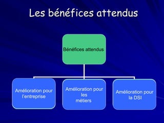 Les bénéfices attendus
Bénéfices attendus
Amélioration pour
l’entreprise
Amélioration pour
les
métiers
Amélioration pour
la DSI
Amélioration pour
les
métiers
Amélioration pour
l’entreprise
Amélioration pour
la DSI
 