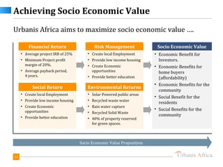 Achieving Socio Economic Value
Urbanis Africa aims to maximize socio economic value ….

         Financial Return                  Risk Management              Socio Economic Value
     • Average project IRR of 25%       • Create local Employment      • Economic Benefit for
     • Minimum Project profit           • Provide low income housing     Investors.
       margin of 20%.                   • Create Economic              • Economic Benefits for
     • Average payback period,            opportunities                  home buyers
       4 years.                         • Provide better education       (affordability)
                                                                       • Economic Benefits for the
           Social Return                Environmental Returns
                                                                         community
     • Create local Employment          • Solar Powered public areas
                                                                       • Social Benefit for the
     • Provide low income housing       • Recycled waste water
                                                                         residents
     • Create Economic                  • Rain water capture
       opportunities
                                                                       • Social Benefits for the
                                        • Recycled Solid Waste
     • Provide better education
                                                                         community
                                        • 40% of property reserved
                                          for green spaces.



                                    Socio Economic Value Proposition


13
 