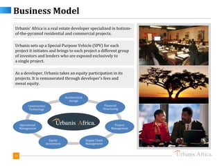 Business Model
Urbanis’ Africa is a real estate developer specialized in bottom-
of-the-pyramid residential and commercial projects.

Urbanis sets up a Special Purpose Vehicle (SPV) for each
project it initiates and brings to each project a different group
of investors and lenders who are exposed exclusively to
a single project.

As a developer, Urbanis takes an equity participation in its
projects. It is remunerated through developer's fees and
sweat equity.


                                      Architectural
                                         Design
          Construction                                                Financial
          Technology                                                 Structuring




     Operational                                                            Project
     Management                                                           Management


                           Equity                     Supply Chain
                         Investment                   Management



14
 