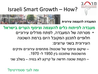 ‫?‪Israeli Smart Growth – How‬‬
                                   ‫המעבדה להעצמה עירונית‬
‫מעבדה לפיתוח כלים להעצמה וציפוף הערים בישראל‬
     ‫• מטרתה של המעבדה, לפתח מודלים עירוניים‬
      ‫חלופיים לתכנון המקובל היום ברמת השכונה‬
                         ‫העירונית בשני ערוצים:‬
     ‫– שיקום וציפוף של שכונות/ מתחמים עירוניים ותיקים‬
                 ‫מהשכונות שתוכננו בין 0591 ל- 0791.‬
   ‫– הקמת שכונה חדשה על קרקע לא בנויה – בשלב שני‬

 ‫ומה לגבי סטנדרטים?‬
 