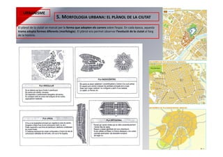 URBANISME
5. MORFOLOGIA URBANA: EL PLÀNOL DE LA CIUTAT
El plànol de la ciutat ve marcat per la forma que adopten els carrers sobre l’espai. En cada època, aquesta
trama adopta formes diferents (morfologia). El plànol ens permet observar l’evolució de la ciutat al llarg
de la història.
 