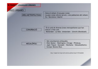 ÀREES URBANES
ÀREA METROPOLITANA
CONURBACIÓ
MEGALÒPOLI
- Zona al voltant d’una gran ciutat.
- La gran ciutat ofereix serveis a les poblacions del voltant.
- Ex.: Barcelona i Madrid
- És la unió de diverses àrees metropolitanes que han
crescut i s’han unit.
- Rotterdam - La Haia - Amsterdam - Utrecht (Randstadt)
- Són conurbacions enllaçades.
- EUA: Boston - Washington; Chicago - Pittsburg.
- Japó: Tòquio - Kawasaki - Yokohama - Yokosuka(Kanto).
- Europa: Banana Blue.
http://mapsof.net/map/north-america-political-map-1#.T2rfxsUaPy0
8. XARXES I JERARQUIES URBANES
 