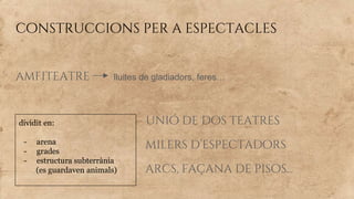 construccions per a espectacles
amfiteatre lluites de gladiadors, feres…
unió de dos teatres
milers d’espectadors
arcs, façana de pisos...
dividit en:
- arena
- grades
- estructura subterrània
(es guardaven animals)
 