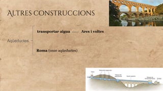 Altres construccions
Aqüeductes
transportar aigua Arcs i voltes
Roma (onze aqüeductes)
 