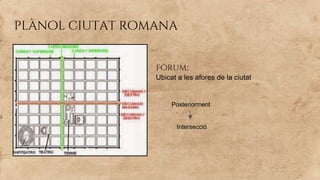 plànol ciutat romana
Fòrum:
Ubicat a les afores de la ciutat
Posteriorment
Intersecció
 