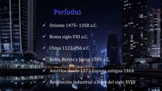  Oriente 1475- 1358 a.C.
 Roma siglo VIII a.C.
 China 1122-256 a.C.
 India, Persia y Japón 1500 a.C.
 América desde 1573 Europa antigua 1464
 Revolución industrial a fines del siglo XVIII
 