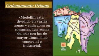Ordenamiento Urbano
•Medellín esta
dividido en varias
zonas y cada zona en
comunas. Las zonas
del sur son las de
mayor dinamismo
comercial e
industrial.
 