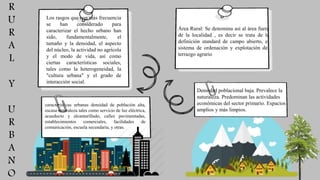 R
U
R
A
L
Y
U
R
B
A
N
O
Los rasgos que con más frecuencia
se han considerado para
caracterizar el hecho urbano han
sido, fundamentalmente, el
tamaño y la densidad, el aspecto
del núcleo, la actividad no agrícola
y el modo de vida, así como
ciertas características sociales,
tales como la heterogeneidad, la
"cultura urbana" y el grado de
interacción social.
Área Rural: Se denomina así al área fuera
de la localidad , es decir se trata de la
definición standard de campo abierto, el
sistema de ordenación y explotación del
terrazgo agrario
Densidad poblacional baja. Prevalece la
naturaleza. Predominan las actividades
económicas del sector primario. Espacios
amplios y más limpios.
características urbanas densidad de población alta,
escasa naturaleza tales como servicio de luz eléctrica,
acueducto y alcantarillado, calles pavimentadas,
establecimientos comerciales, facilidades de
comunicación, escuela secundaria, y otras.
 