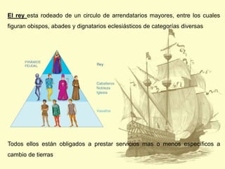 El rey esta rodeado de un circulo de arrendatarios mayores, entre los cuales
figuran obispos, abades y dignatarios eclesiásticos de categorías diversas

Todos ellos están obligados a prestar servicios mas o menos específicos a
cambio de tierras

 