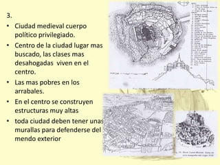 3.
• Ciudad medieval cuerpo
político privilegiado.
• Centro de la ciudad lugar mas
buscado, las clases mas
desahogadas viven en el
centro.
• Las mas pobres en los
arrabales.
• En el centro se construyen
estructuras muy altas
• toda ciudad deben tener unas
murallas para defenderse del
mendo exterior

 