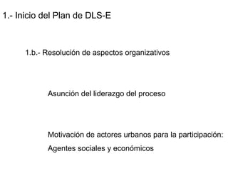 1.- Inicio del Plan de DLS-E
1.b.- Resolución de aspectos organizativos
Asunción del liderazgo del proceso
Motivación de actores urbanos para la participación:
Agentes sociales y económicos
 