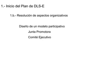1.- Inicio del Plan de DLS-E
1.b.- Resolución de aspectos organizativos
Diseño de un modelo participativo
Junta Promotora
Comité Ejecutivo
 