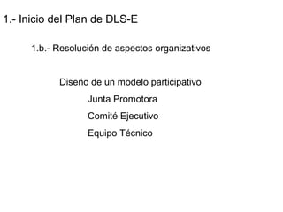 1.- Inicio del Plan de DLS-E
1.b.- Resolución de aspectos organizativos
Diseño de un modelo participativo
Junta Promotora
Comité Ejecutivo
Equipo Técnico
 