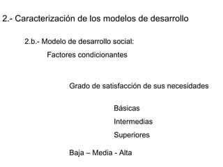 2.- Caracterización de los modelos de desarrollo
2.b.- Modelo de desarrollo social:
Factores condicionantes
Grado de satisfacción de sus necesidades
Básicas
Intermedias
Superiores
Baja – Media - Alta
 