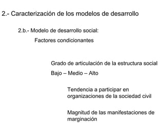2.- Caracterización de los modelos de desarrollo
2.b.- Modelo de desarrollo social:
Factores condicionantes
Grado de articulación de la estructura social
Bajo – Medio – Alto
Tendencia a participar en
organizaciones de la sociedad civil
Magnitud de las manifestaciones de
marginación
 