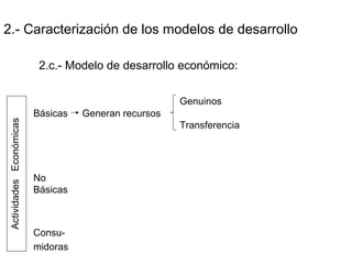 2.- Caracterización de los modelos de desarrollo
2.c.- Modelo de desarrollo económico:
Genuinos
Básicas Generan recursos
Transferencia
No
Básicas
Consu-
midoras
ActividadesEconómicas
 