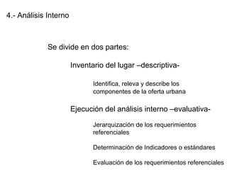 4.- Análisis Interno
Se divide en dos partes:
Inventario del lugar –descriptiva-
Identifica, releva y describe los
componentes de la oferta urbana
Ejecución del análisis interno –evaluativa-
Jerarquización de los requerimientos
referenciales
Determinación de Indicadores o estándares
Evaluación de los requerimientos referenciales
 