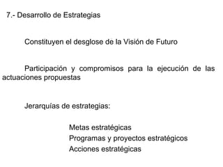 7.- Desarrollo de Estrategias
Constituyen el desglose de la Visión de Futuro
Participación y compromisos para la ejecución de las
actuaciones propuestas
Jerarquías de estrategias:
Metas estratégicas
Programas y proyectos estratégicos
Acciones estratégicas
.
 