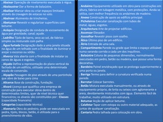 . Andaime Equipamento utilizado em obra para construções em altura, fabrico em tubagem metálica, com protecções. Ainda se utiliza, com melhor frequência os andaimes de madeira.. Anexo Construção de apoio ao edifício principal.. Picheleiros Executar canalização com tubos de metal, águas, esgotos.. Arquitectura Arte de projectar edifícios.. Ascensor Elevador.. Assoalhar Revestir pisos com soalho.. Ático Último piso de um edifício. . Átrio Entrada de uma sala. . Compartimento Parede ou grade que limita o espaço utilizável numa varanda corrida a cada um dos inquilinos. . Balaústre Coluna de pequenas dimensões, normalmente executadas em pedra, betão ou madeira, que possui uma forma decorativa. . Bandeira Painel envidraçado que se prolonga superiormente a uma porta ou janela.. Barriga Termo para definir a curvatura verificada numa parede.. Barrotar Colocar barrotes.. Betão Mistura executada manualmente, ou através de equipamento próprio, de brita ou seixos com aglomerante e areia, devidamente misturados com água. Elemento fácil de trabalhar, muito utilizado em estrutura.. Betumar Acção de aplicar betume.. Calafetar Tapar com estopa ou outro material adequado, as juntas de qualquer canalização. . Cantaria Pedra talhada para colocação em obra.. Abaixar Operação de nivelamento executada à régua.. Abalaustrar Dar a forma de balaústre.. Abalizar Marcar obra ou criar espaços limitados através da cravagem de estacas no solo.. Abalroar Aluimento de trincheiras.. Abetumar Revestir e regularizar superfícies com betume.. Acéquia Designação de conduta de escoamento de água por gravidade; canal; açude.. Ladrilho Tijolo de barro, seco ao sol, de fabrico simples ou misturado com palha. Água furtada Designação dada a uma janela situada na água de um telhado com a finalidade de iluminar e arejar o esconso ou sótão.. Alverca Vala aberta com a finalidade de instalar os canos de águas e esgotos.. Alçado Define a representação do plano vertical da fachada de um edifício, utilizado uma determinada escala de conversão.. Alçapão Passagem de piso através de uma portinhola que abre de baixo para cima. Alicerce Base da construção, fundação.. Alvará Licença que qualifica uma empresa de construção para executar obras dentro de determinados limites, quer de nível técnico quer financeiros; os alvarás são constituídos por : Classes (capacidade financeira)Categorias (capacidade técnica). Alvenaria Obra do pedreiro, pode ser executada em pedra, tijolo, blocos, betão, é utilizada para o preenchimento de vãos. 